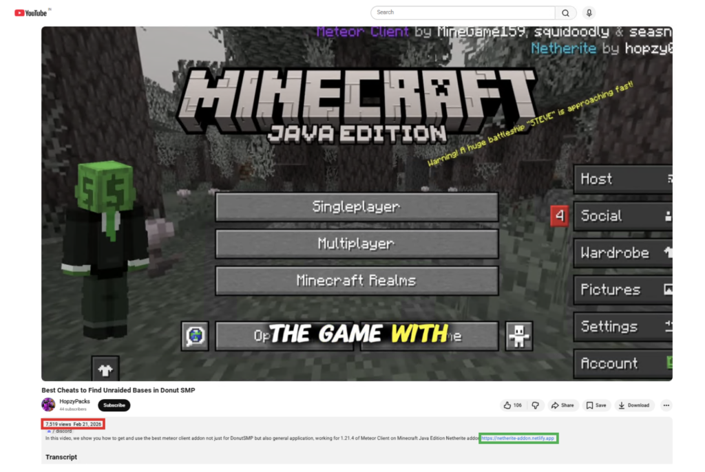 An example of a video hiding a malicious link in the description.